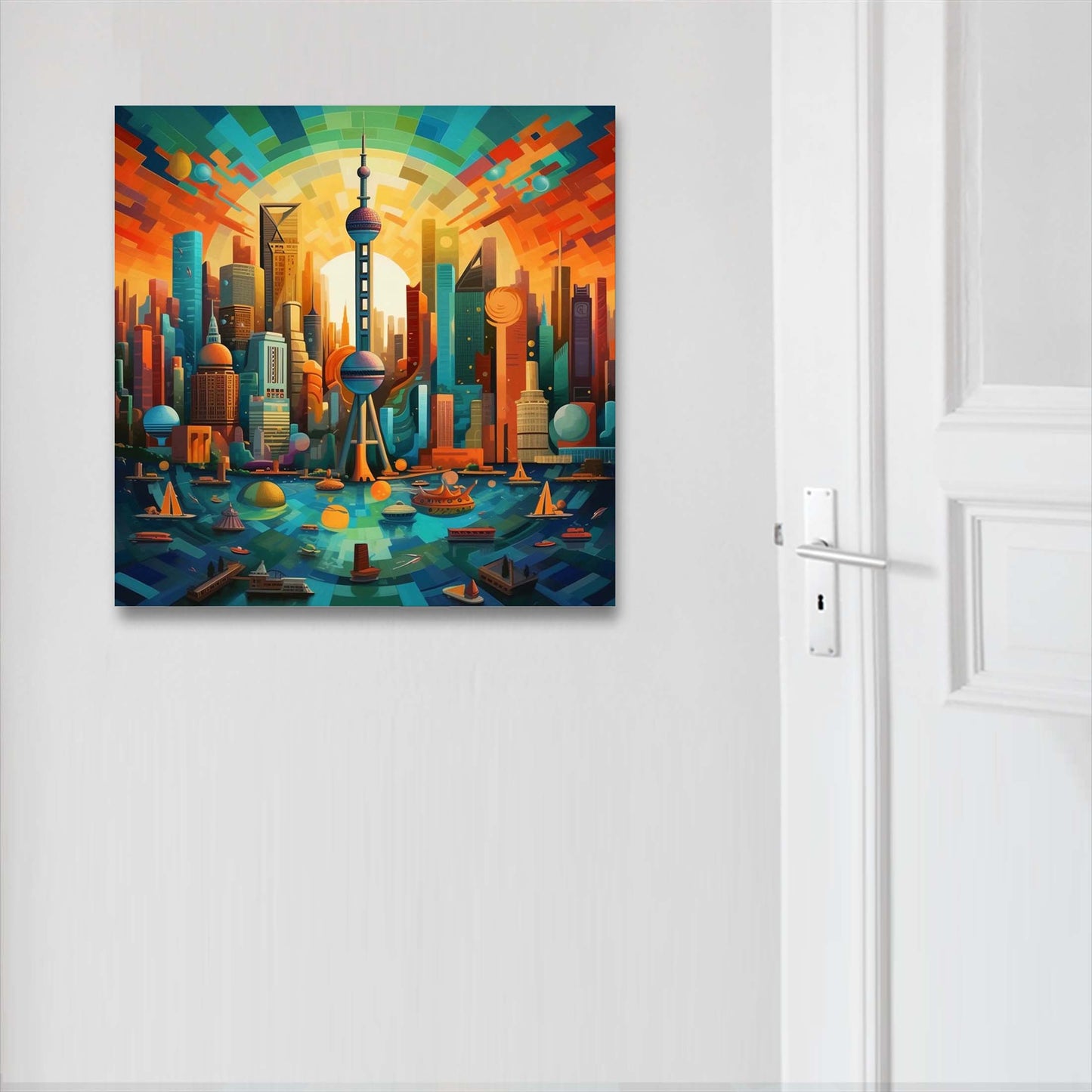 Shanghai skyline mural in futurism style