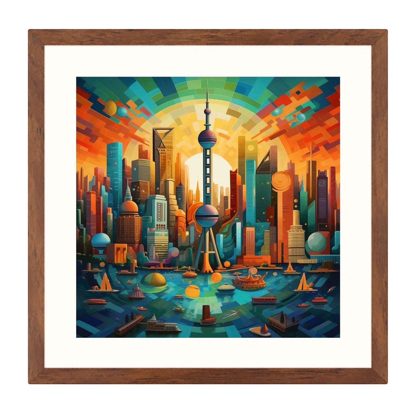 Shanghai skyline mural in futurism style