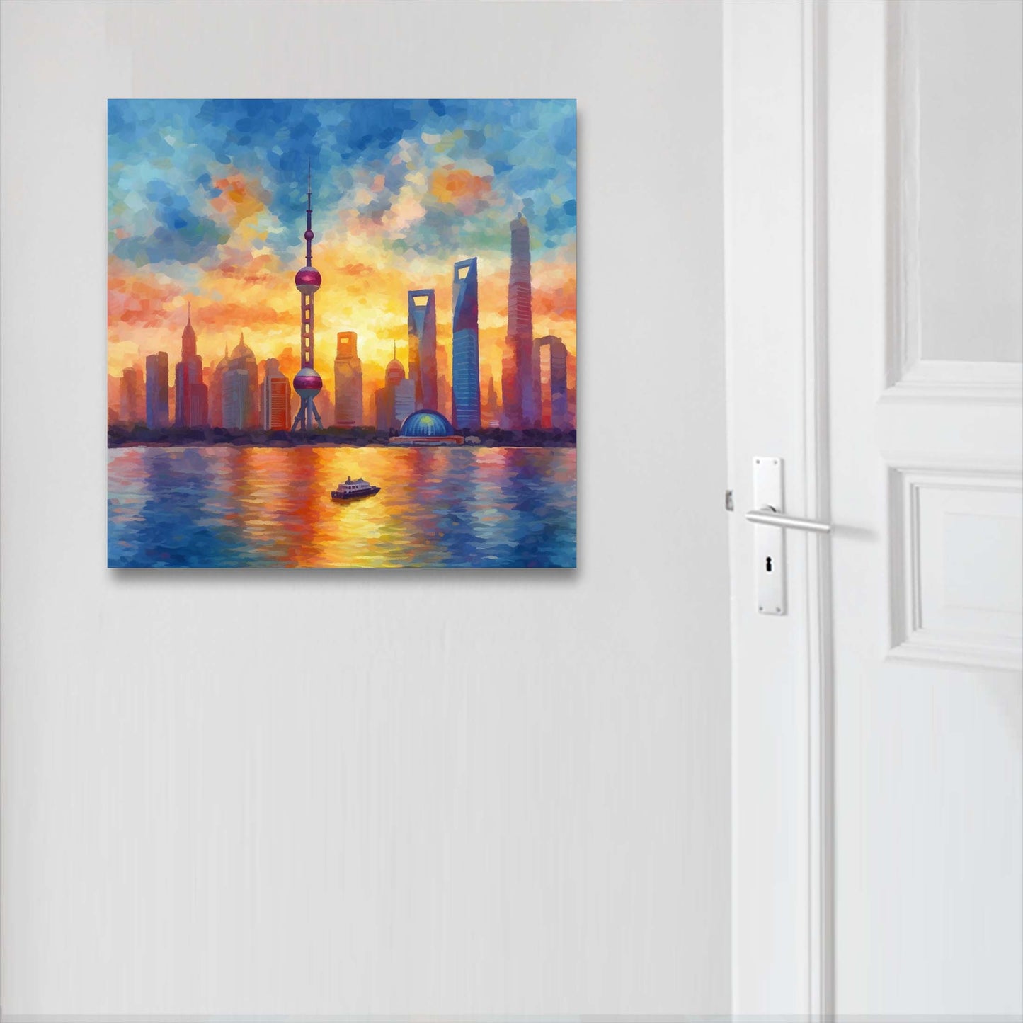 Shanghai Skyline - mural in the style of impressionism