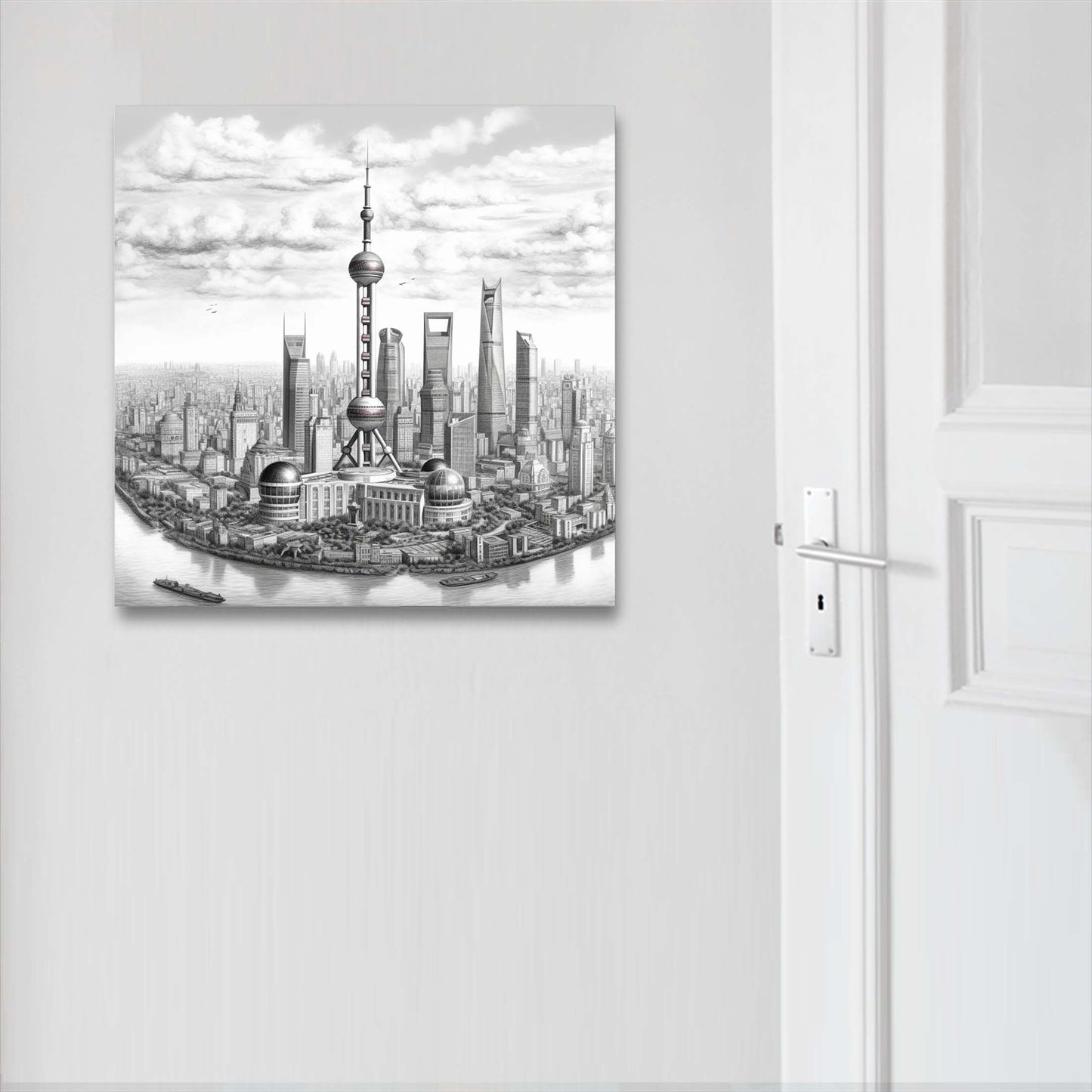Shanghai Skyline - Mural in the style of a drawing