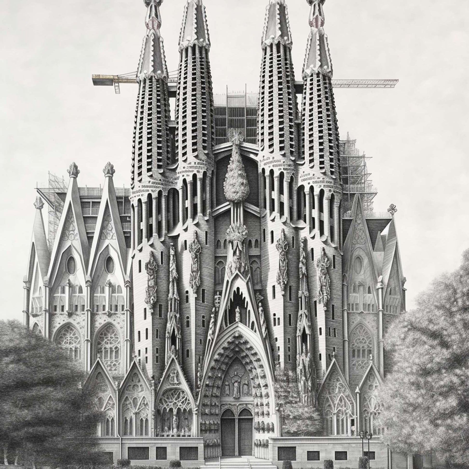 Urbanisto - Barcelona Sagrada Familia - Wandbild als Schwarz-Weiß-Zeichnung