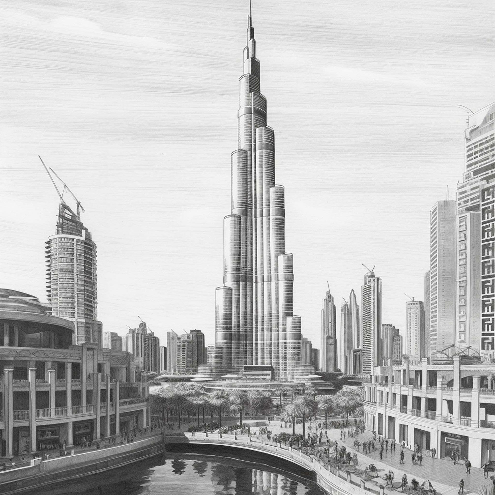 Urbanisto - Dubai Burj Khalifa - Wandbild als Schwarz-Weiß-Zeichnung