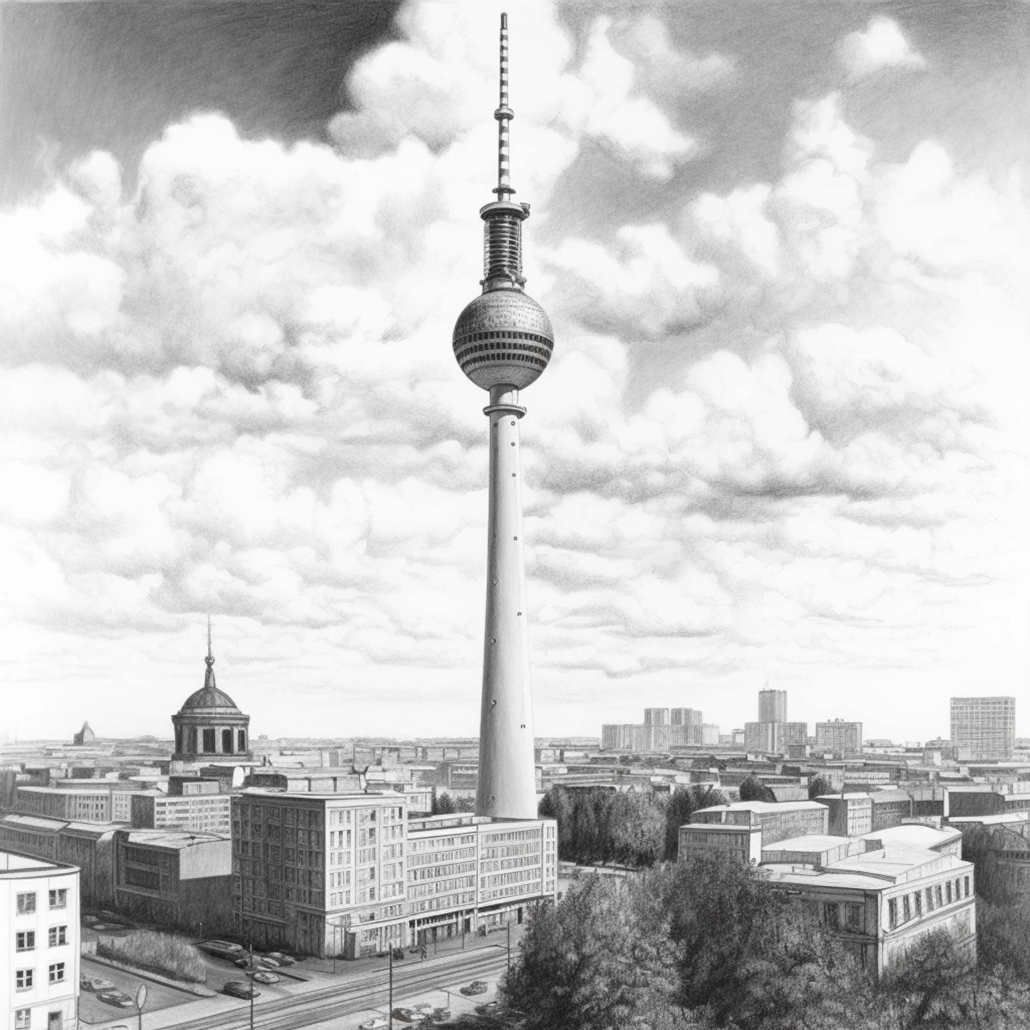 Urbanisto - Berlin Fernsehturm - Wandbild als Schwarz-Weiß-Zeichnung