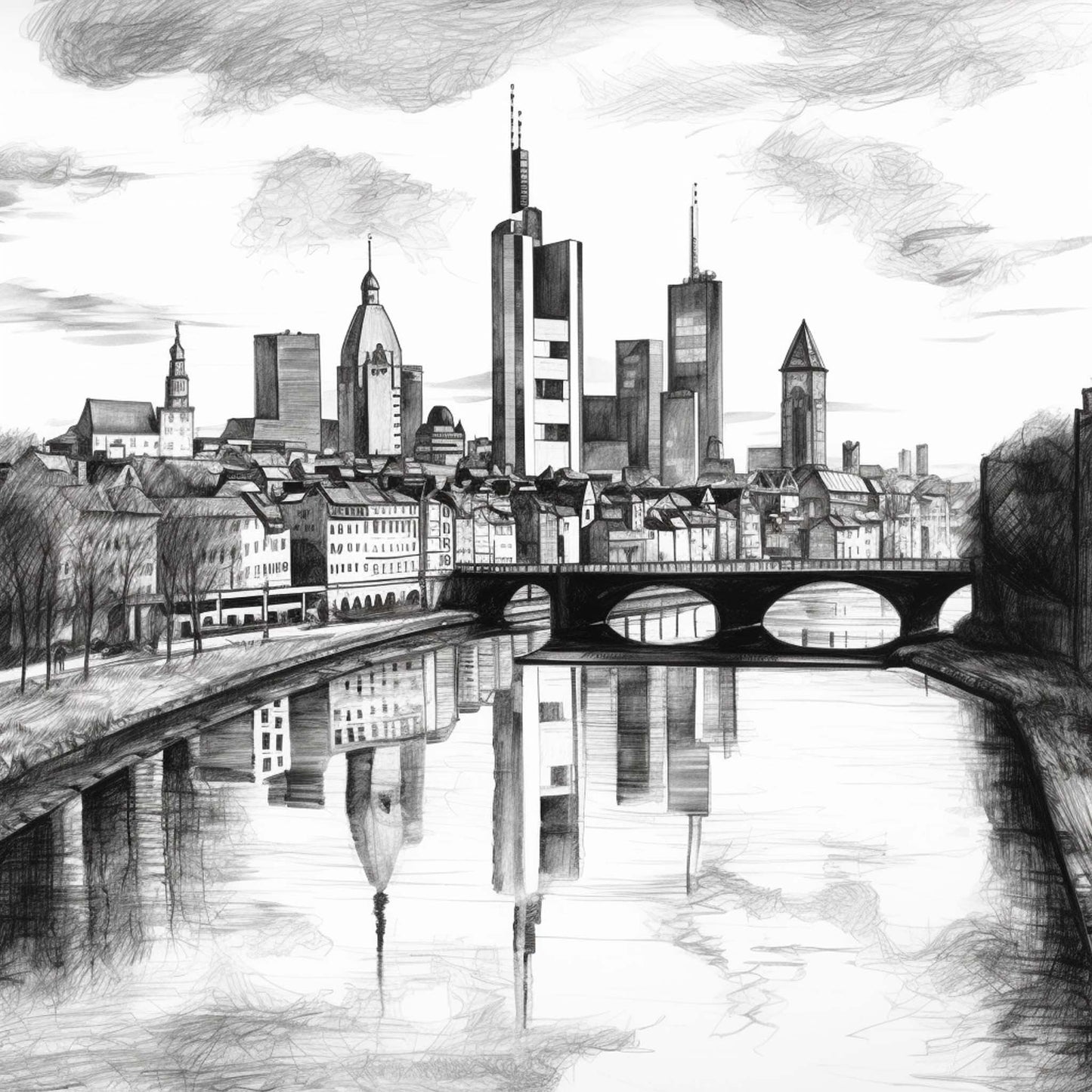 Urbanisto - Frankfurt Skyline - Wandbild als Schwarz-Weiß-Zeichnung
