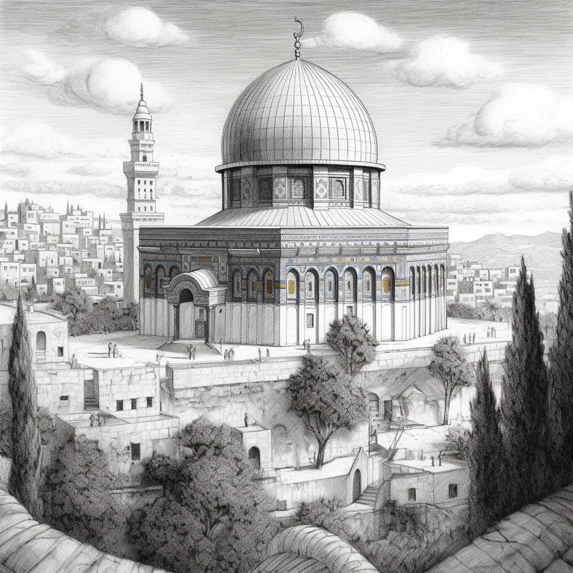 Urbanisto - Jerusalem Felsendom - Wandbild als Schwarz-Weiß-Zeichnung
