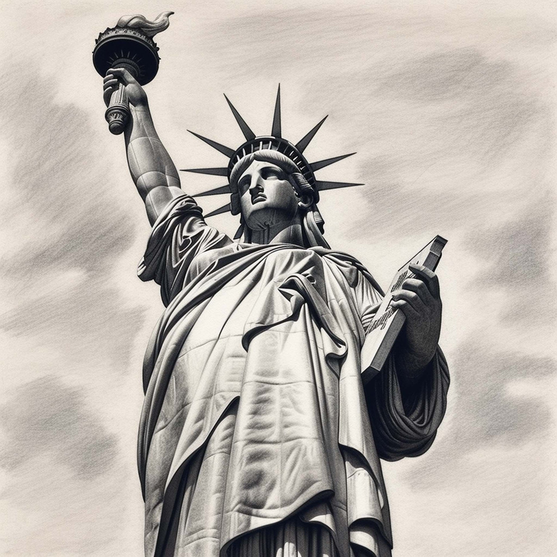 Urbanisto - New York Freiheitsstatue - Wandbild als Schwarz-Weiß-Zeichnung