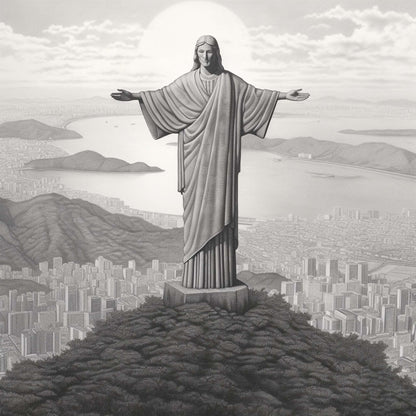 Urbanisto - Rio de Janeiro Christus Statue - Wandbild als Schwarz-Weiß-Zeichnung