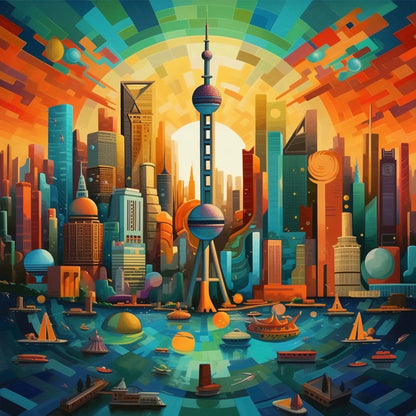 Urbanisto - Shanghai Skyline - Wandbild in der Stilrichtung des Futurismus