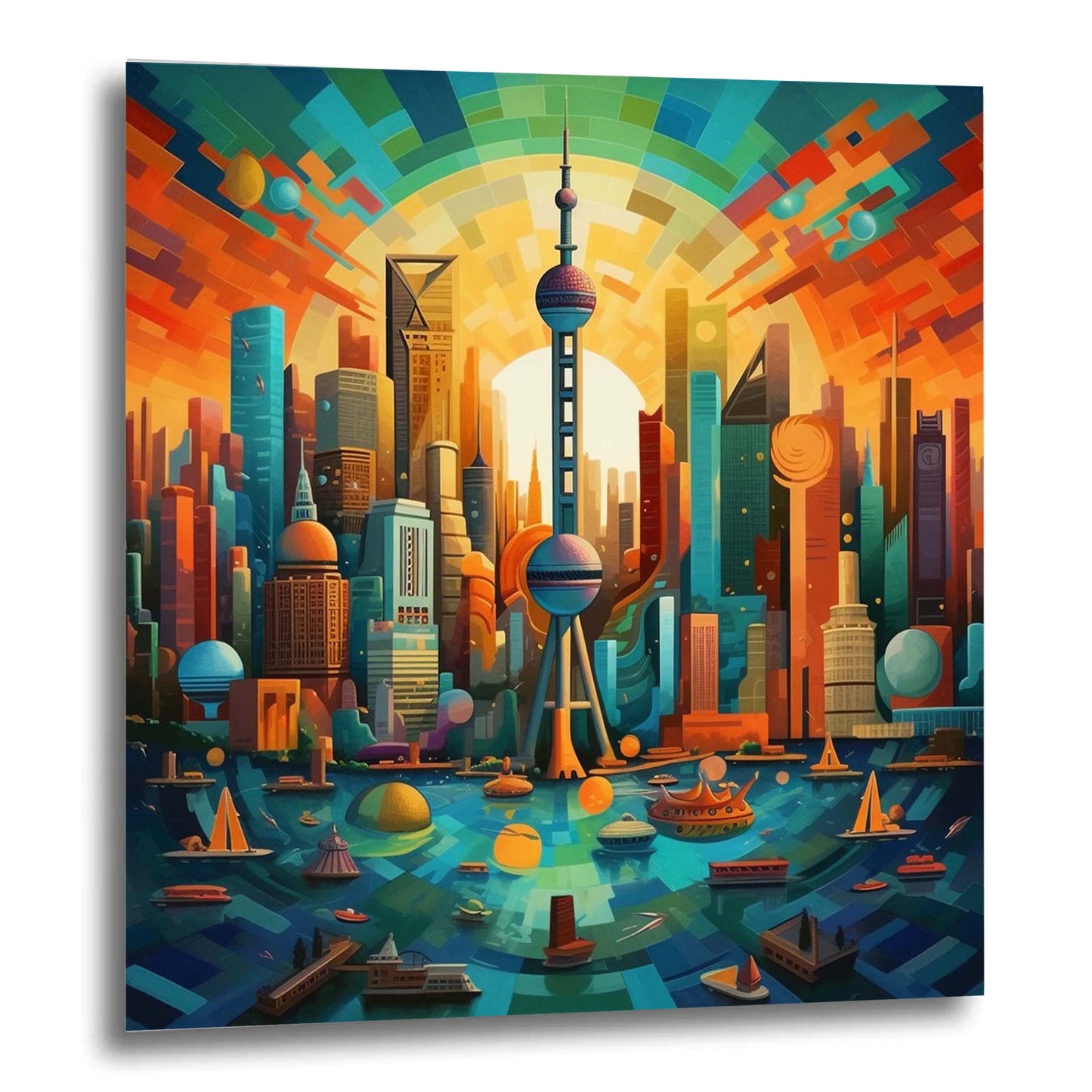 Shanghai skyline mural in futurism style