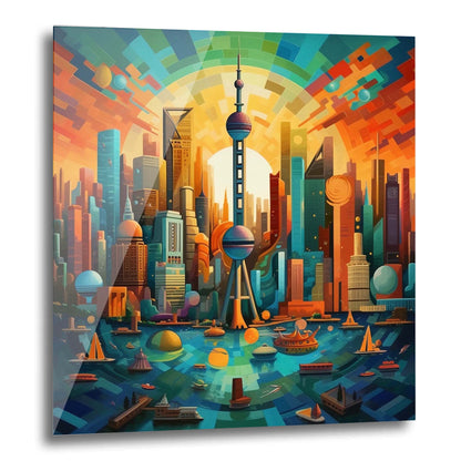 Shanghai skyline mural in futurism style