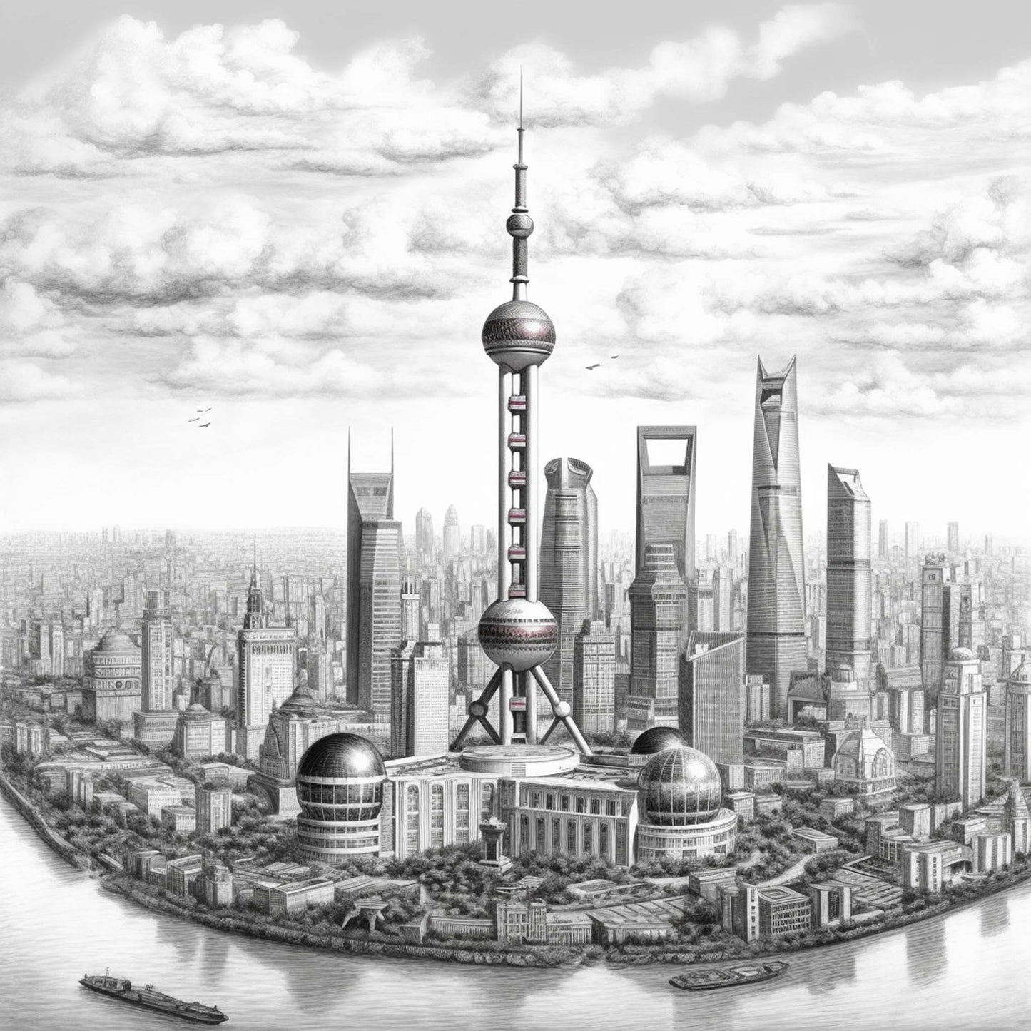 Urbanisto - Shanghai Skyline - Wandbild als Schwarz-Weiß-Zeichnung