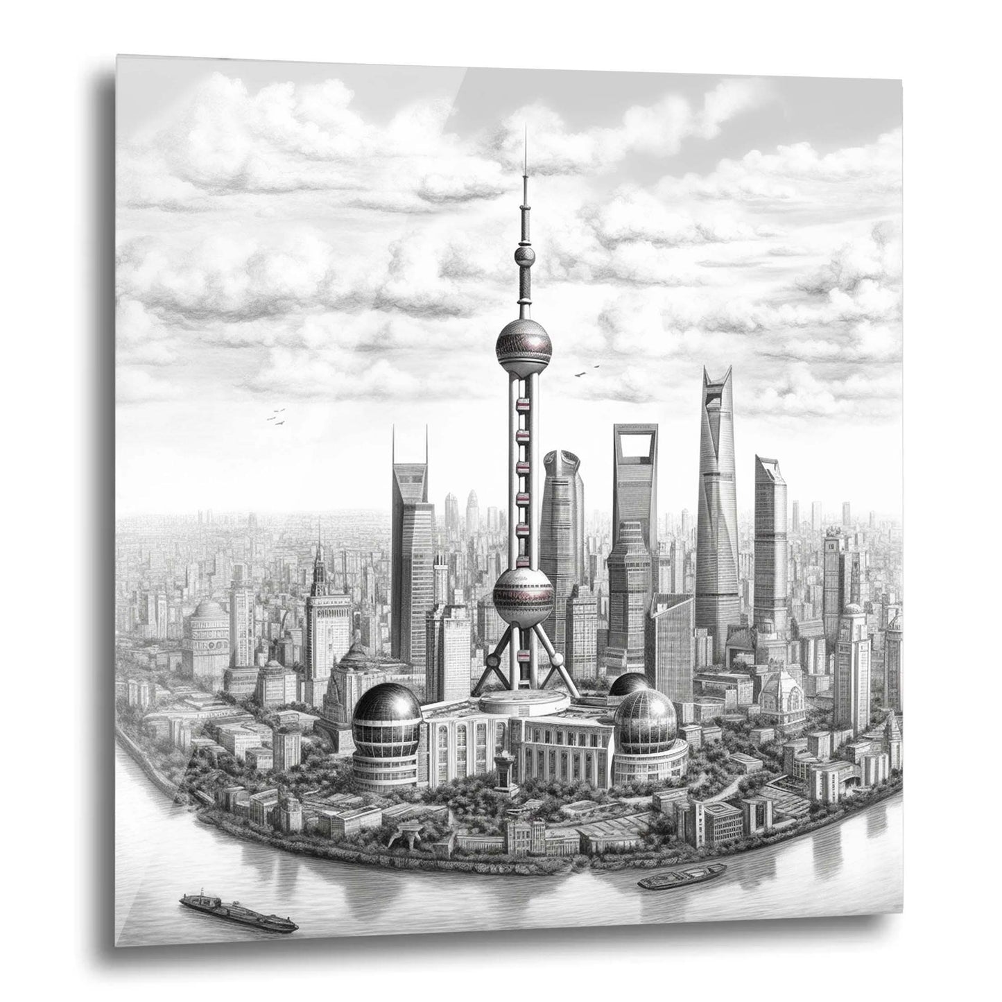 Shanghai Skyline - Mural in the style of a drawing