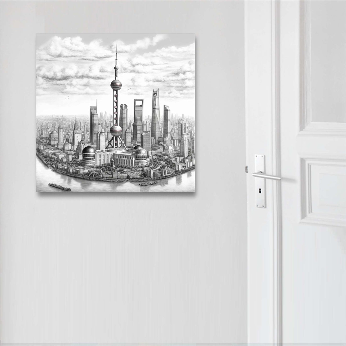 Shanghai Skyline - Mural in the style of a drawing
