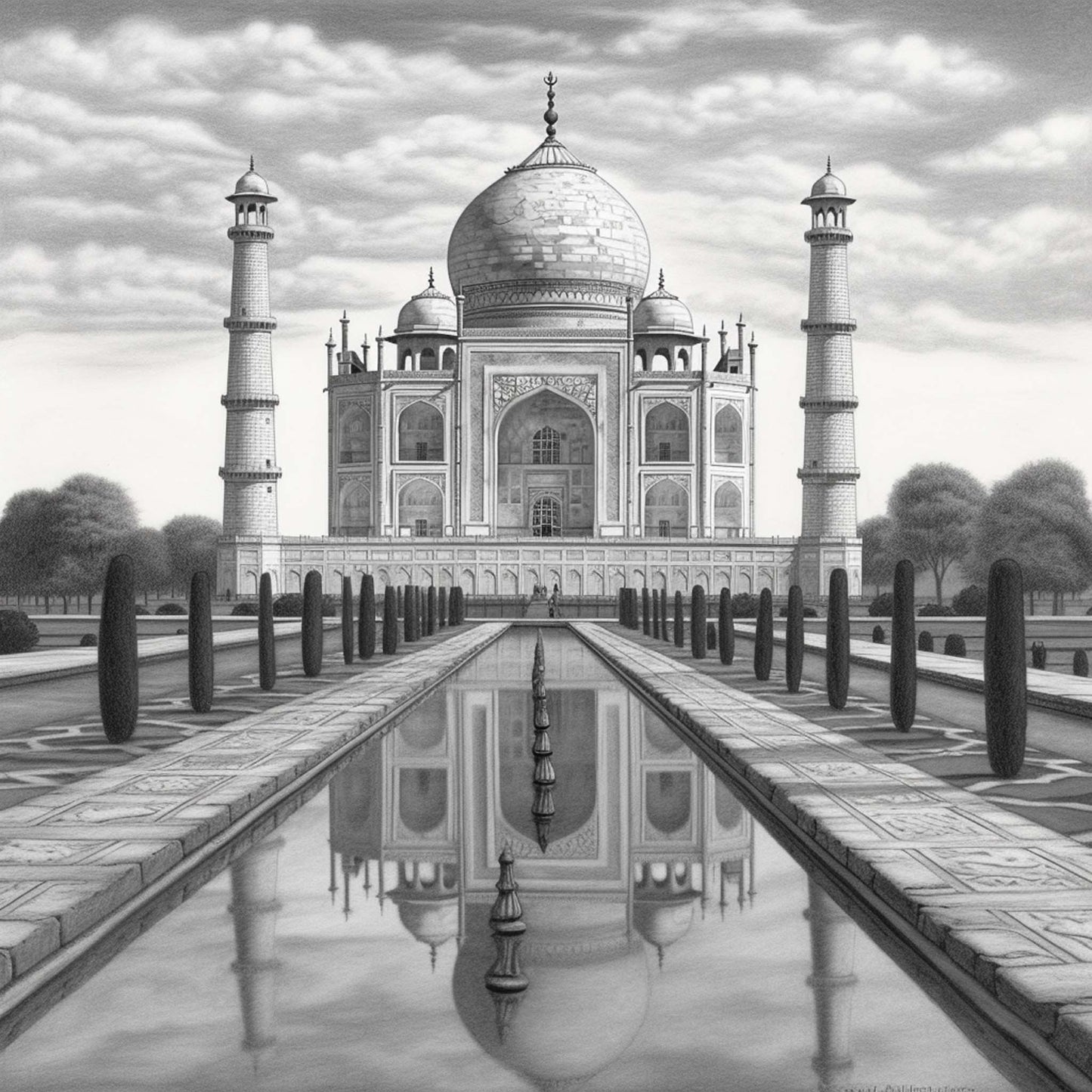 Urbanisto - Taj Mahal - Wandbild als Schwarz-Weiß-Zeichnung
