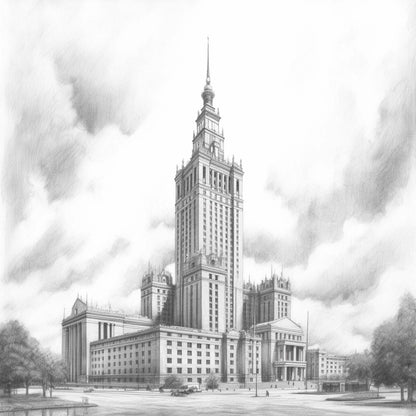 Urbanisto - Warschau Kulturpalast - Wandbild als Schwarz-Weiß-Zeichnung
