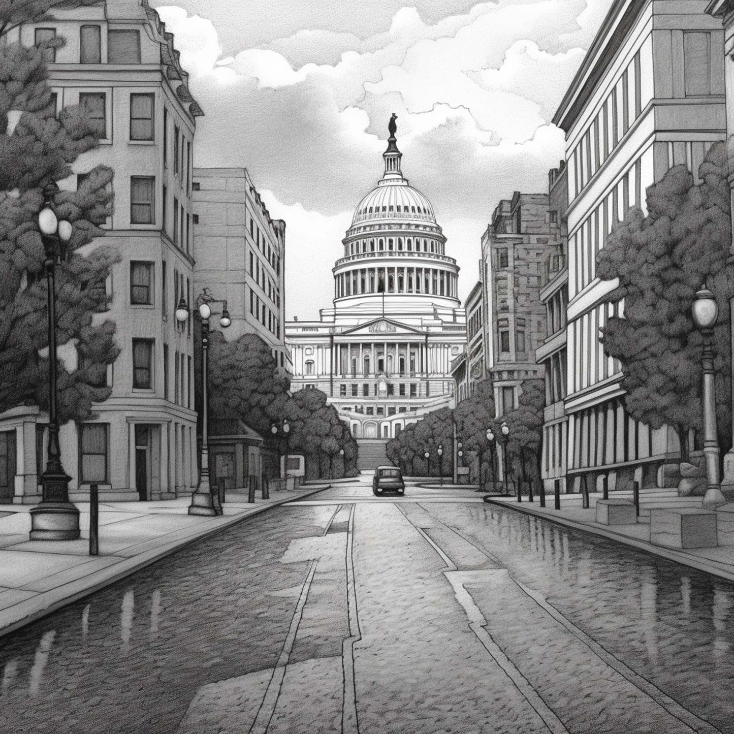 Urbanisto - Washington Kapitol - Wandbild als Schwarz-Weiß-Zeichnung
