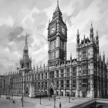 Urbanisto - London Westminster Palace - Wandbild als Schwarz-Weiß-Zeichnung